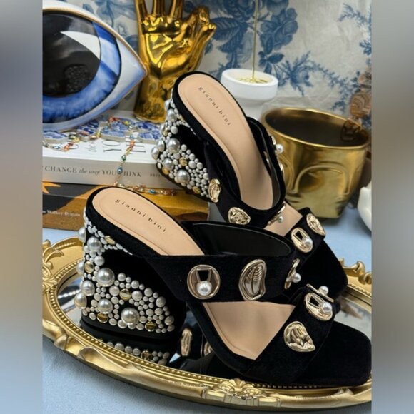 🆕 GIANNI BINI 🧿 NWOB Penei Velvet Pearl Surrealist Ornament Slide Sandal Sz 7 - Picture 8 of 16